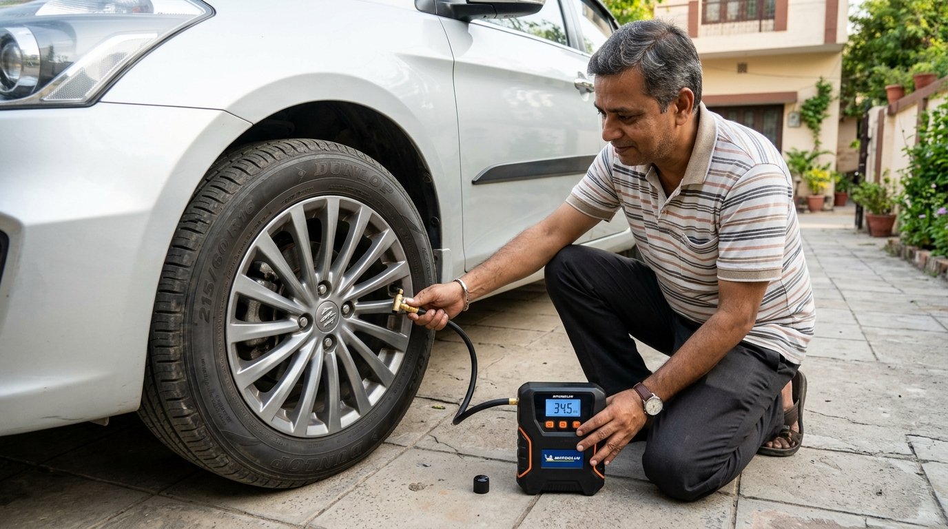 Car owner checking tyre pressure