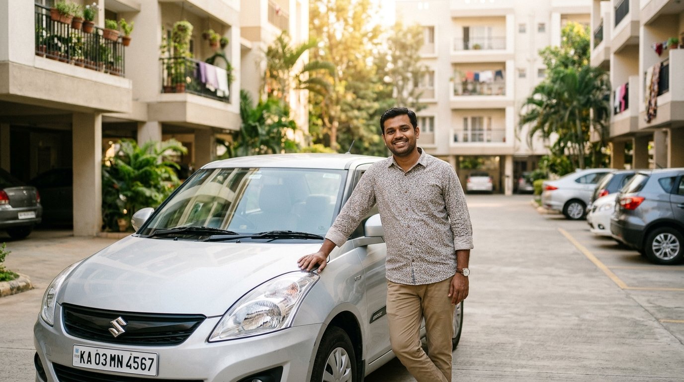 Indian car owner with family car