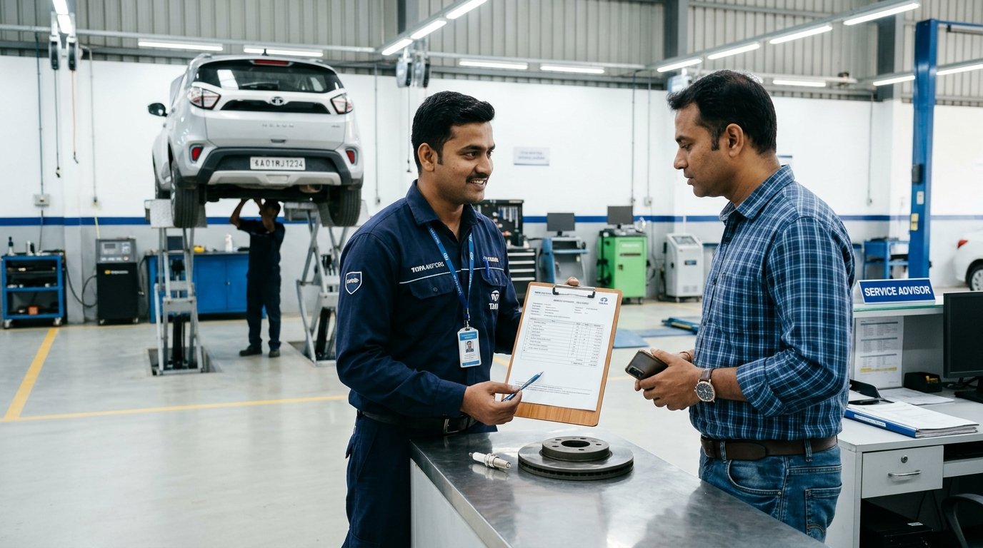 Car owner discussing service estimate with advisor