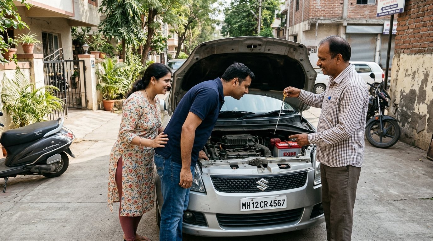 Indian buyer inspecting used car engine